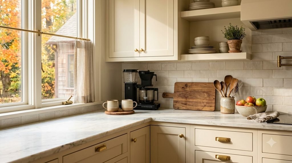 Clean organized kitchen counter with only essential appliances and plenty of open preparation space.