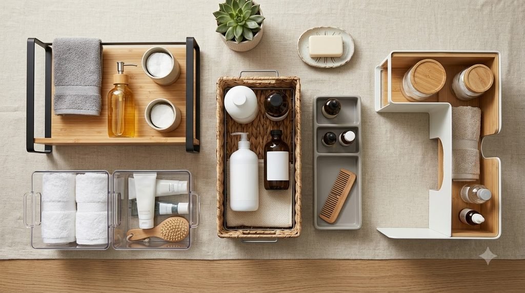 Different types of under-sink organizers including two-tier, clear, pull-out, and pipe-friendly designs