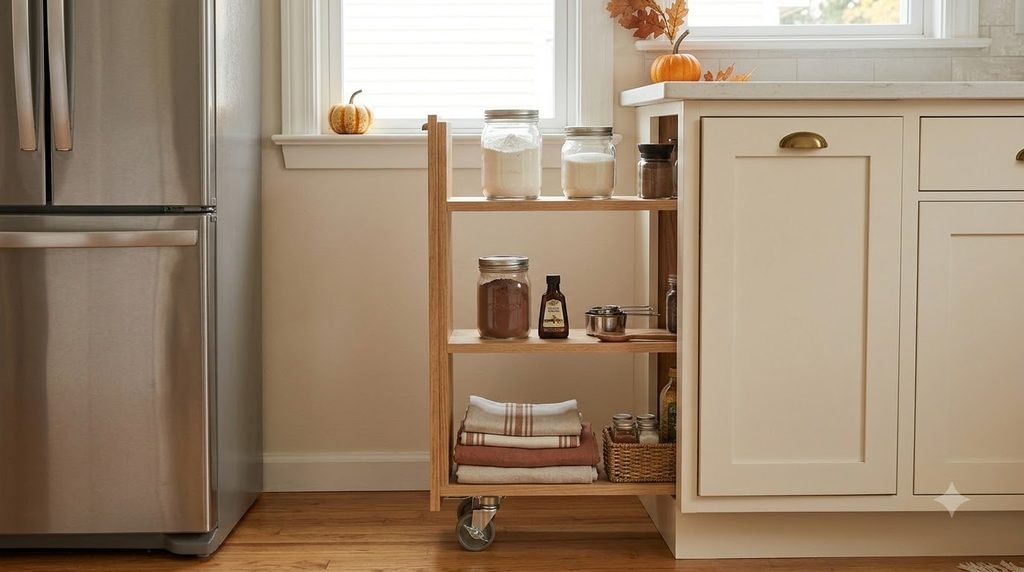 Slim rolling cart providing extra organized storage in a small fall kitchen.