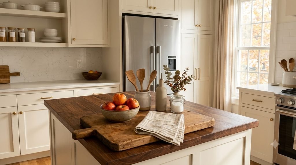 Freshly reset fall kitchen with clean counters, organized supplies, and cozy seasonal details.