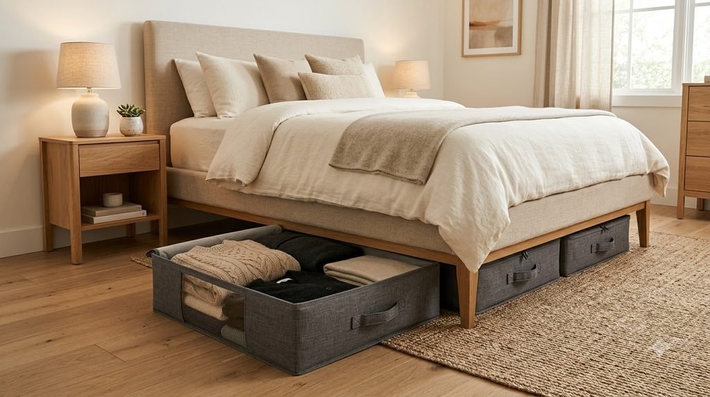 under-bed storage for seasonal clothing and bedding