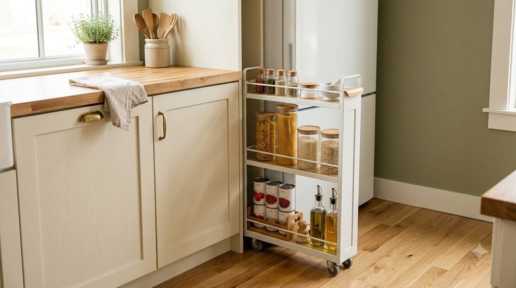 lazy Susan organizing items in a kitchen cabinet