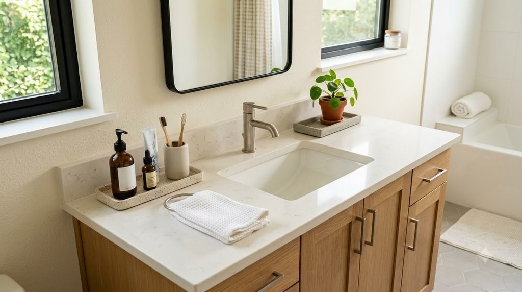 Organized bathroom counter with daily essentials, storage tray, and open vanity space