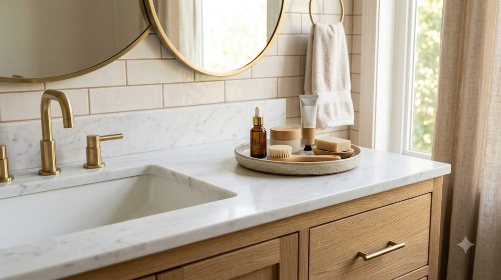 Bathroom counter organized with daily-use toiletries separated from extra products