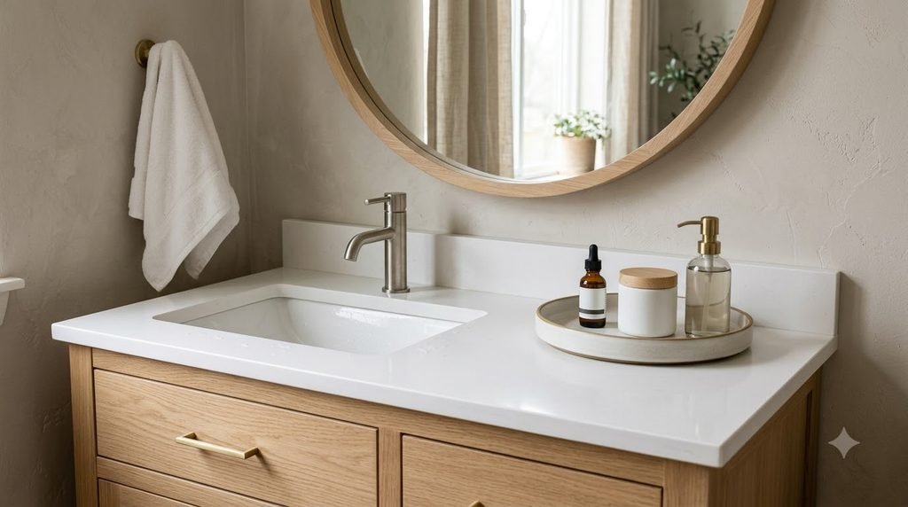 Daily bathroom skincare products organized together on a small vanity tray