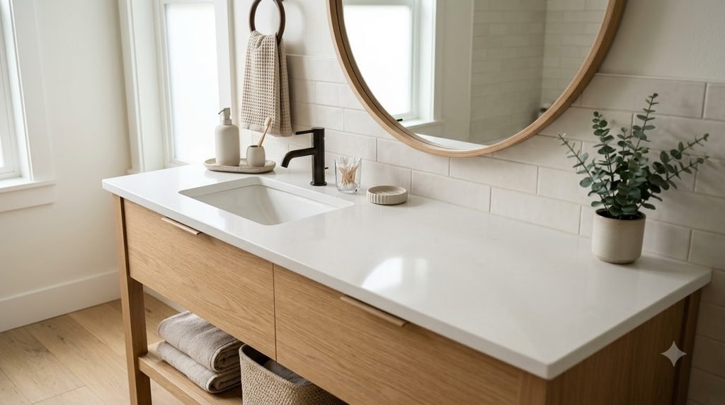 Minimal bathroom vanity with organized essentials and plenty of clear counter space
