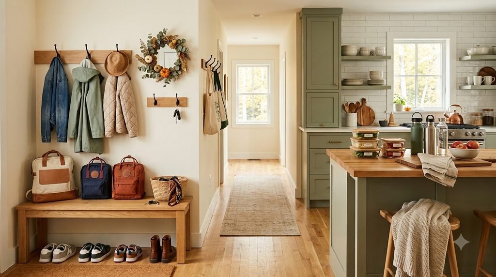 organized entryway and kitchen ready for the school year