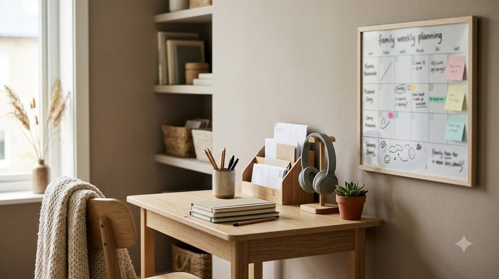 organized homework area and family planning station