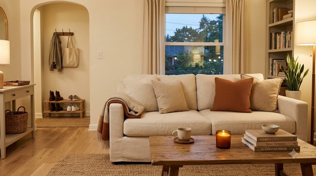 tidy living room and entryway during an evening home reset