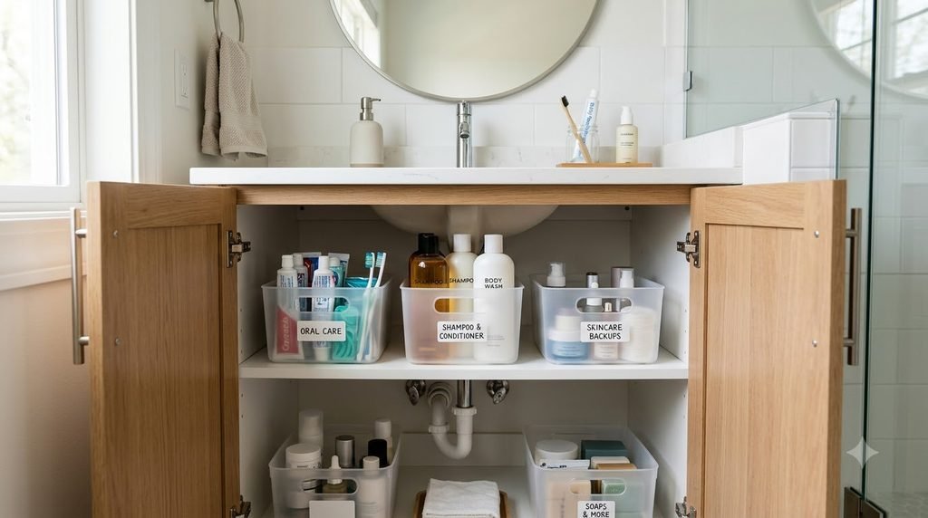 Bathroom backup toiletries organized inside a cabinet instead of on the counter
