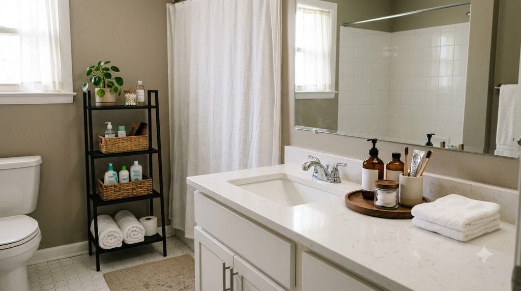 Renter-friendly bathroom organization using freestanding storage and a small tray
