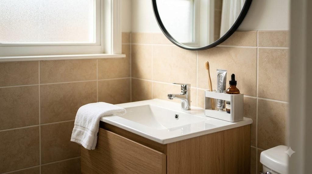 Narrow bathroom counter organizer used on a small vanity with limited space
