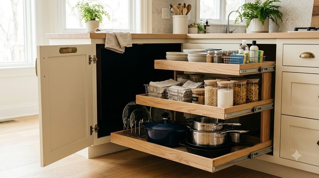 pull-out organizer making a deep kitchen cabinet easier to access