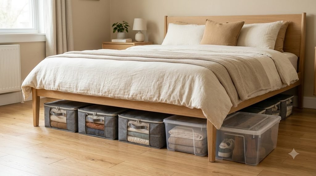 under-bed storage containers helping organize a bedroom