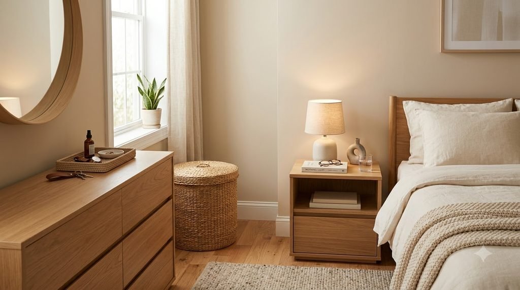 organized bedroom nightstand and clutter-free dresser