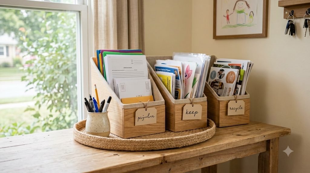 organized school paperwork sorting station at home