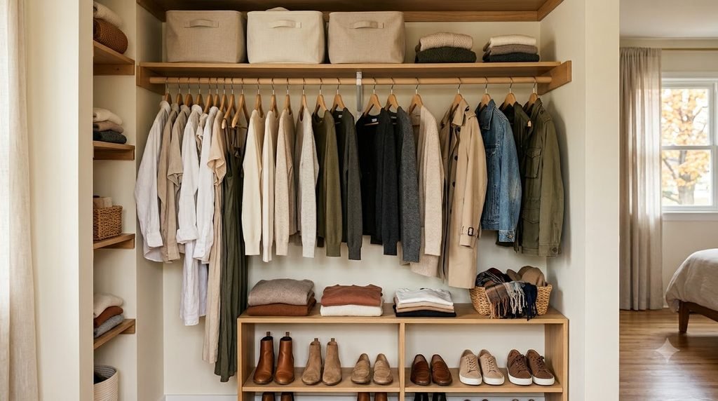 organized closet transitioning from summer to fall clothing