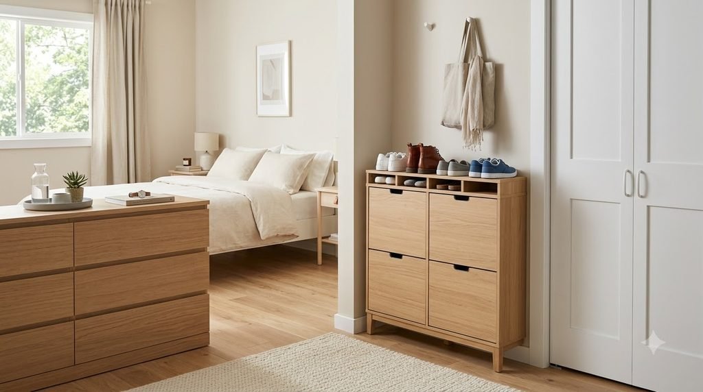 dedicated shoe storage and clutter-free bedroom dresser