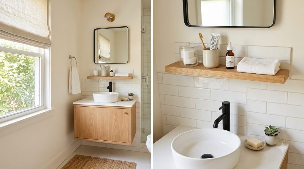 Small bathroom vanity using a narrow wall shelf for vertical storage
