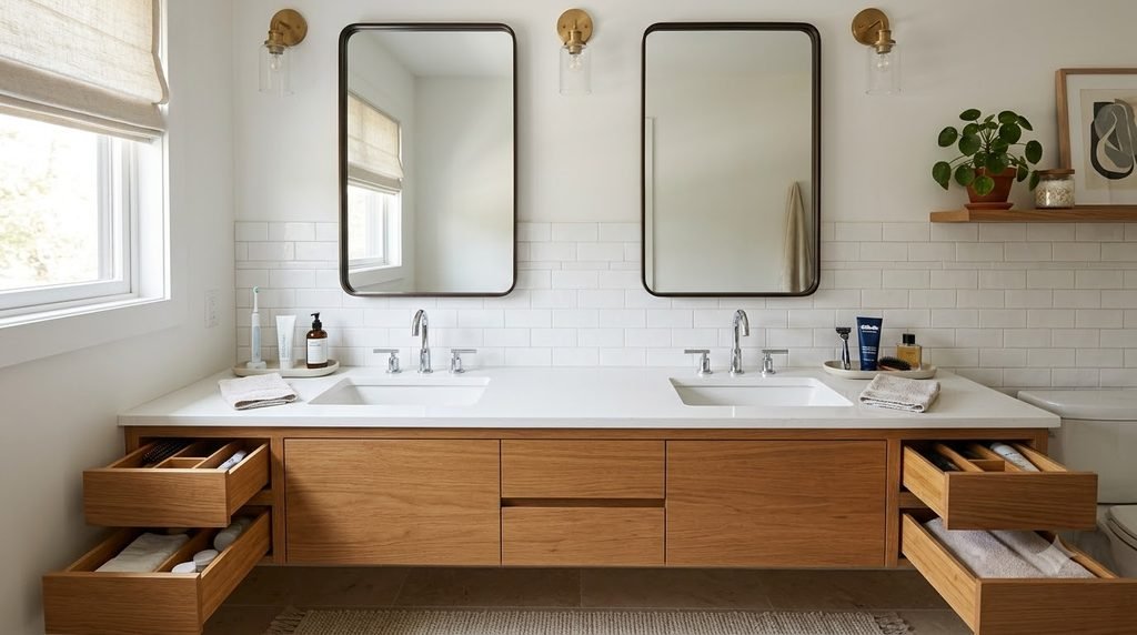 Shared bathroom vanity with separate organized areas for everyday essentials