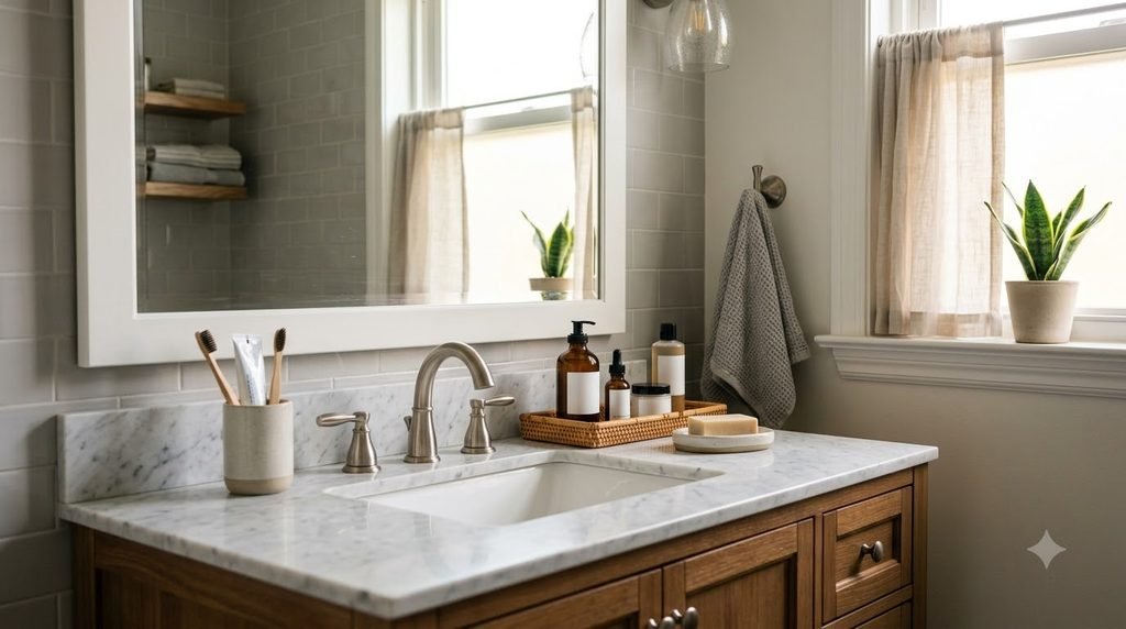 Clean bathroom counter after a simple daily organization reset