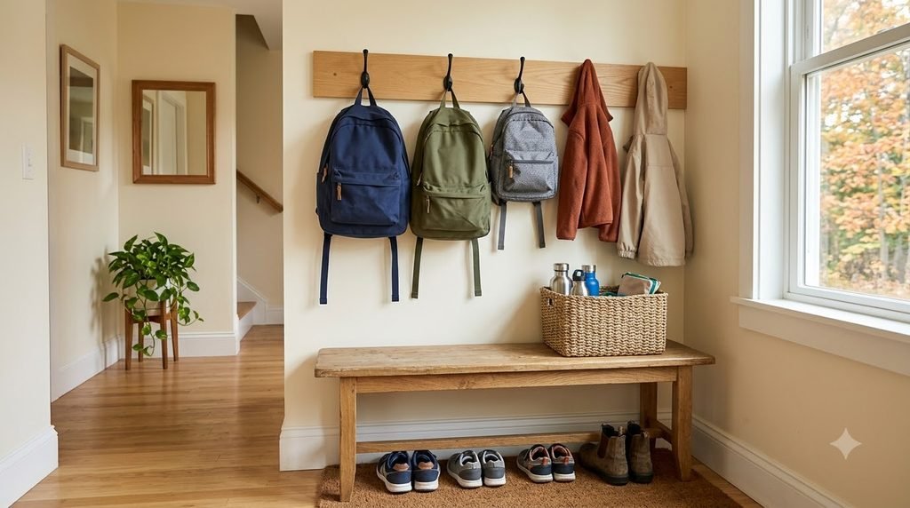 organized backpack drop zone near a home entryway