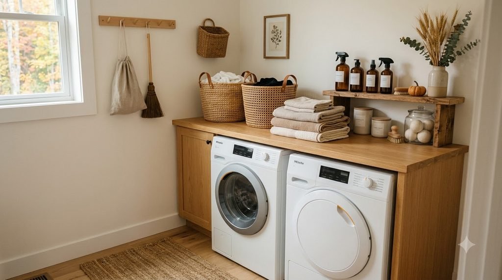organized laundry area with baskets and everyday supplies