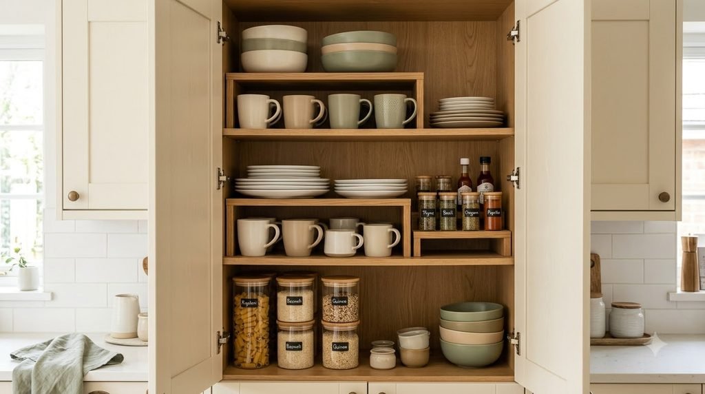 shelf risers creating extra storage inside a kitchen cabinet