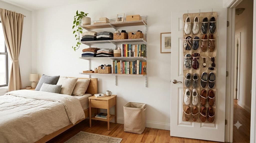 vertical wall and behind-door storage in an organized bedroom