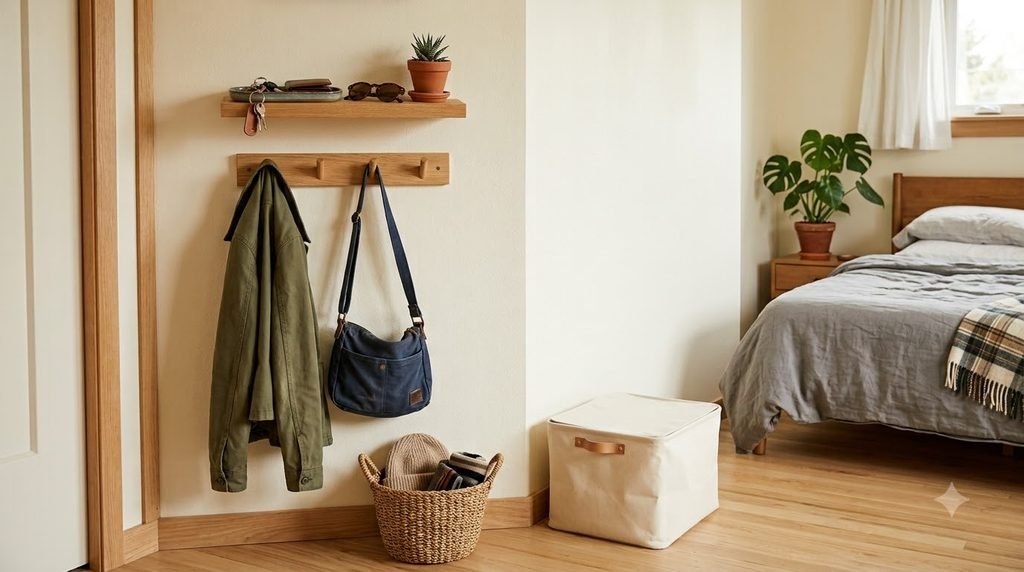 small bedroom drop zone with hooks shelf and storage basket