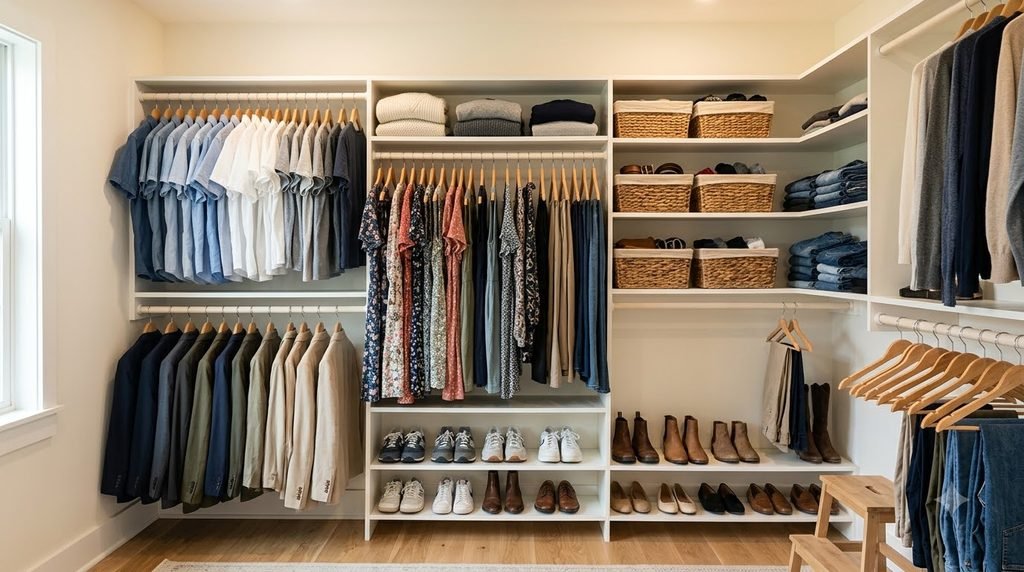 organized bedroom closet with clothes grouped by category