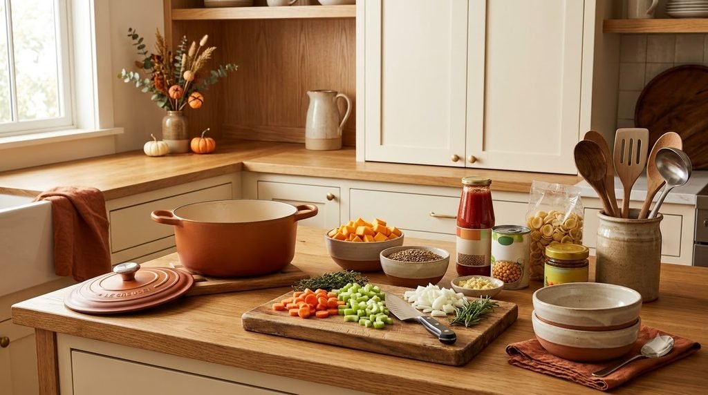 Cozy organized kitchen zone with soup ingredients, bowls, cookware, and fall dinner essentials.