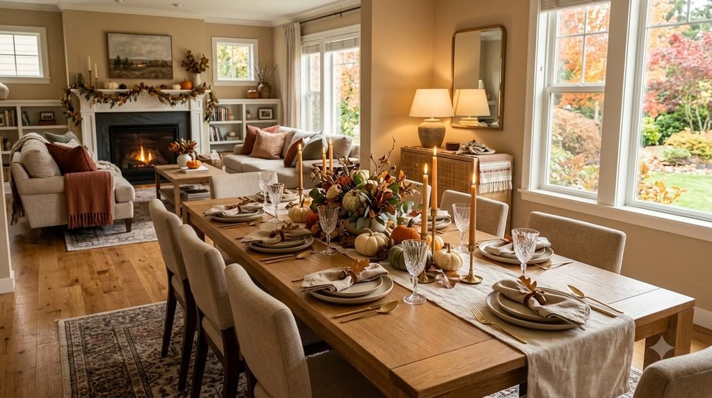 Thanksgiving dining room with an autumn table setting prepared for holiday guests.