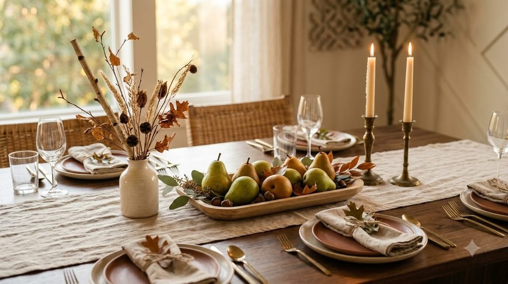 Fall dining table centerpiece with pears, dried branches, candles, and a linen runner