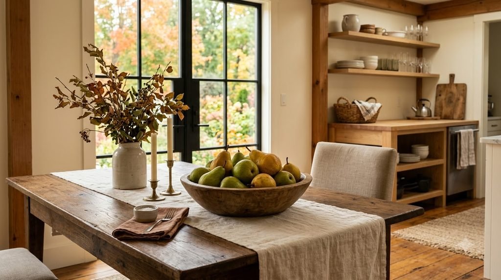 Thanksgiving table decorated with pears, cream linens, candles, and natural autumn accents