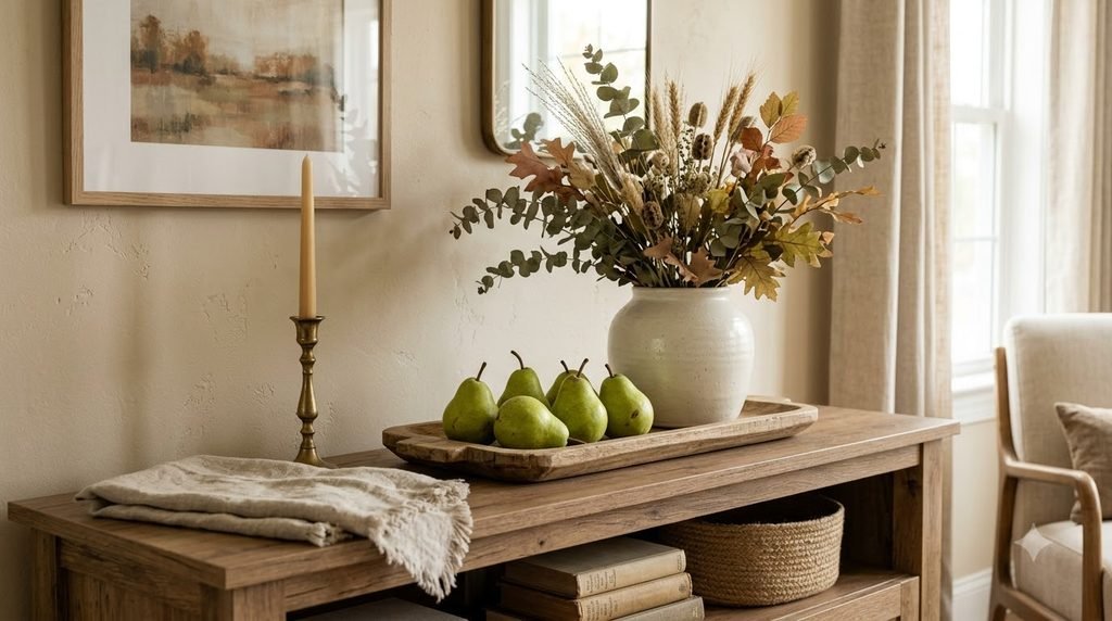 Green pears with dried autumn foliage arranged on a wooden tray for natural fall decor