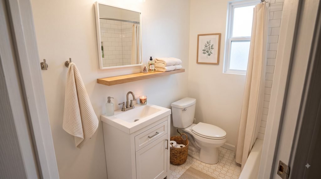 Subtle Thanksgiving bathroom decor with a small cream pumpkin, autumn foliage, and neutral towels on a vanity.
