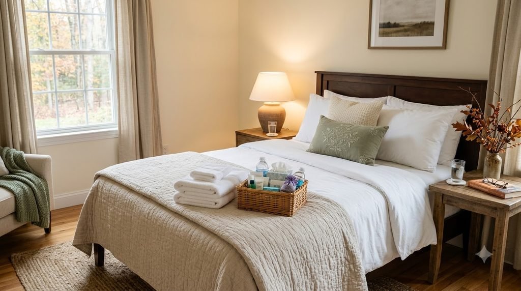 Cozy guest bedroom with fresh bedding, folded towels and guest essentials prepared for Thanksgiving visitors.