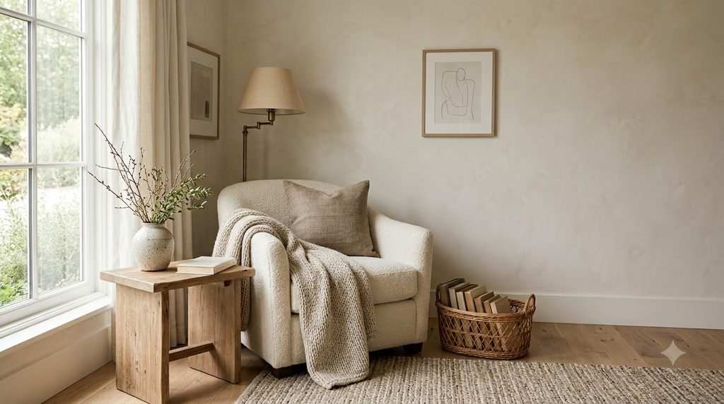 Warm neutral reading nook decorated with a cream chair, beige textiles, natural wood table, woven basket and soft lighting.