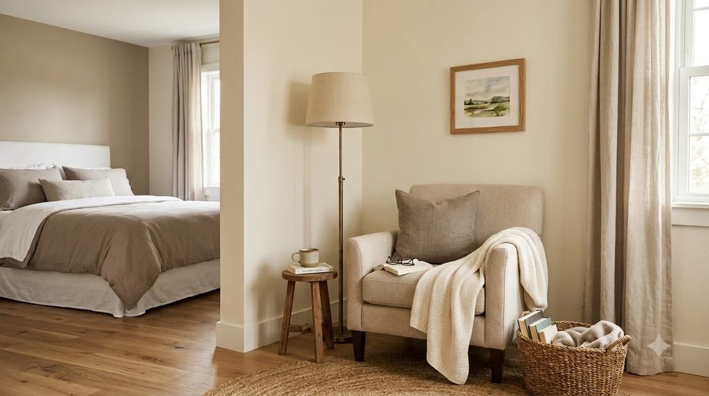 Small bedroom reading nook with a compact upholstered chair, floor lamp, soft blanket and small side table.