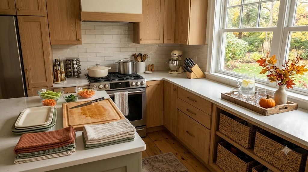 Organized Thanksgiving kitchen with clear preparation counters, serving platters and a beverage station.