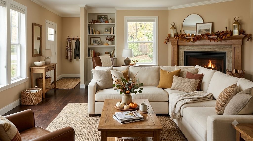 Clean and organized living room decorated with subtle autumn accents for Thanksgiving guests.