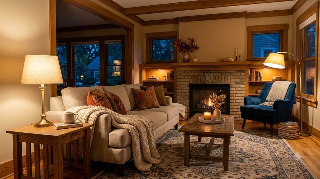 Living room with warm layered lighting for fall evenings
