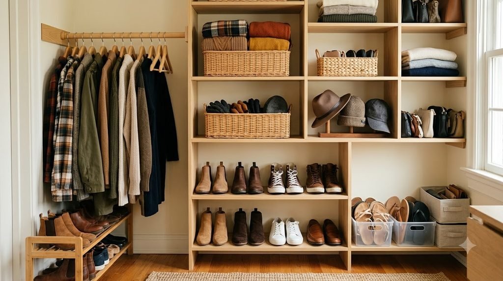 fall clothes organized at eye level in a bedroom closet