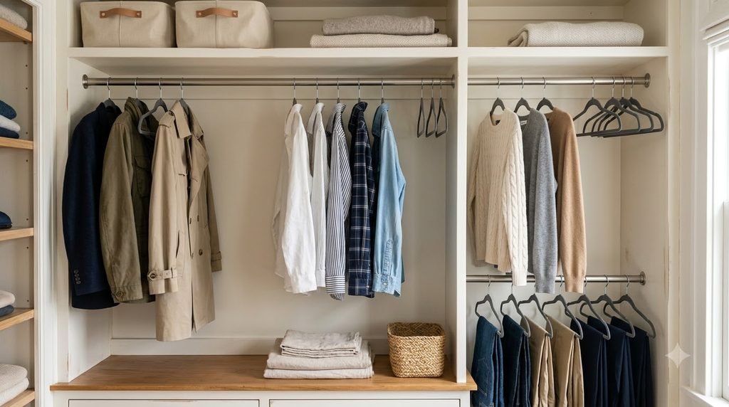 summer to fall closet transition with seasonal clothes stored away