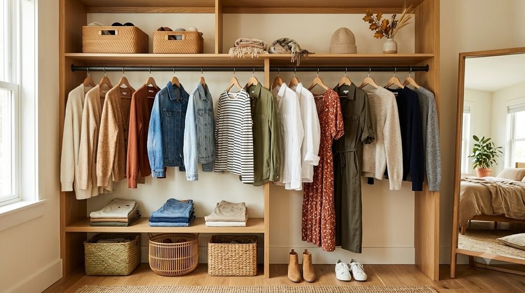 folded fall sweaters organized neatly on bedroom closet shelves