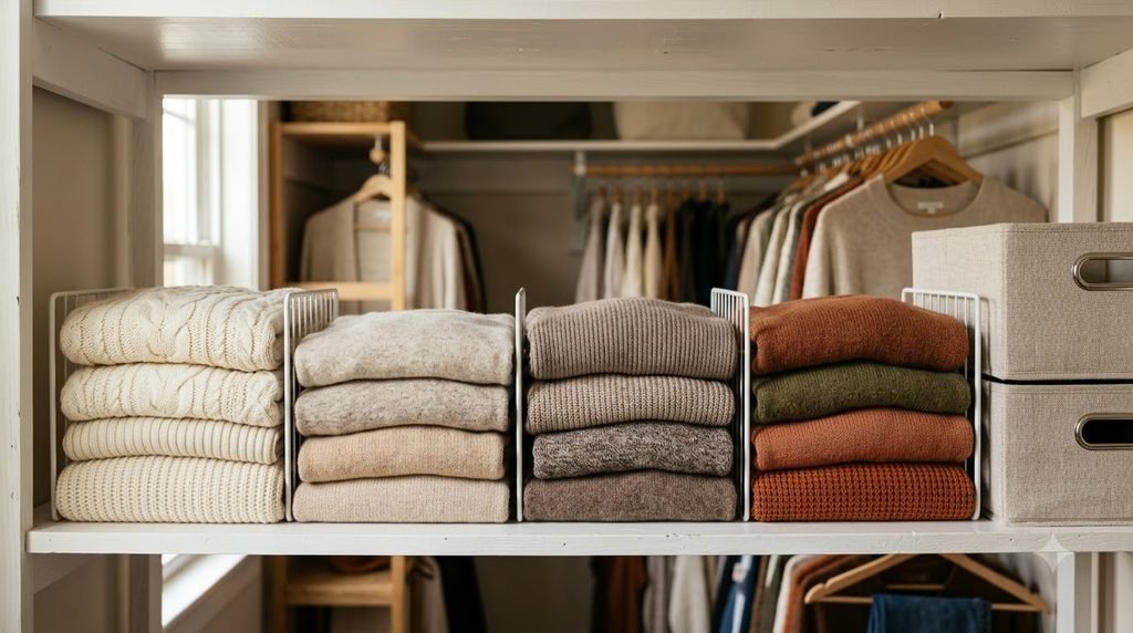 transitional fall clothing organized together in a bedroom closet