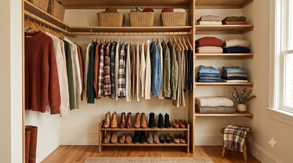 organized bedroom closet with fall clothing and seasonal storage