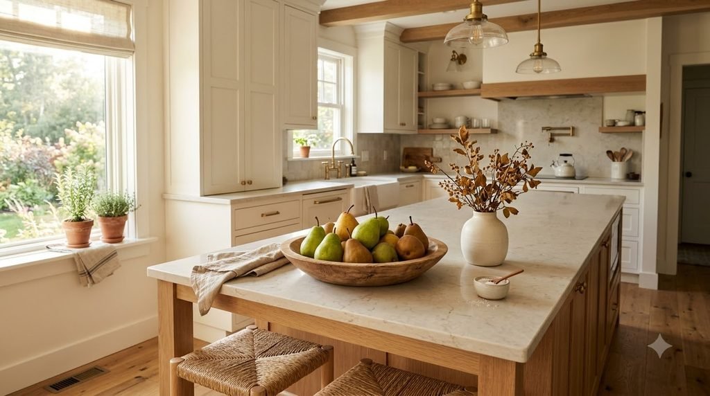 Bowl of green and golden pears styled on a warm neutral kitchen counter for fall