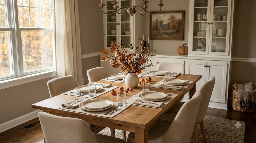 Simple fall dining table with dried branches and warm neutral accents